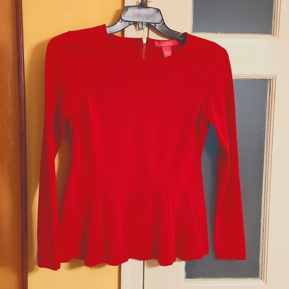 Catherine Malandrino Red Longsleeve Shirt w/ Peplum Detailing on Hem Size S